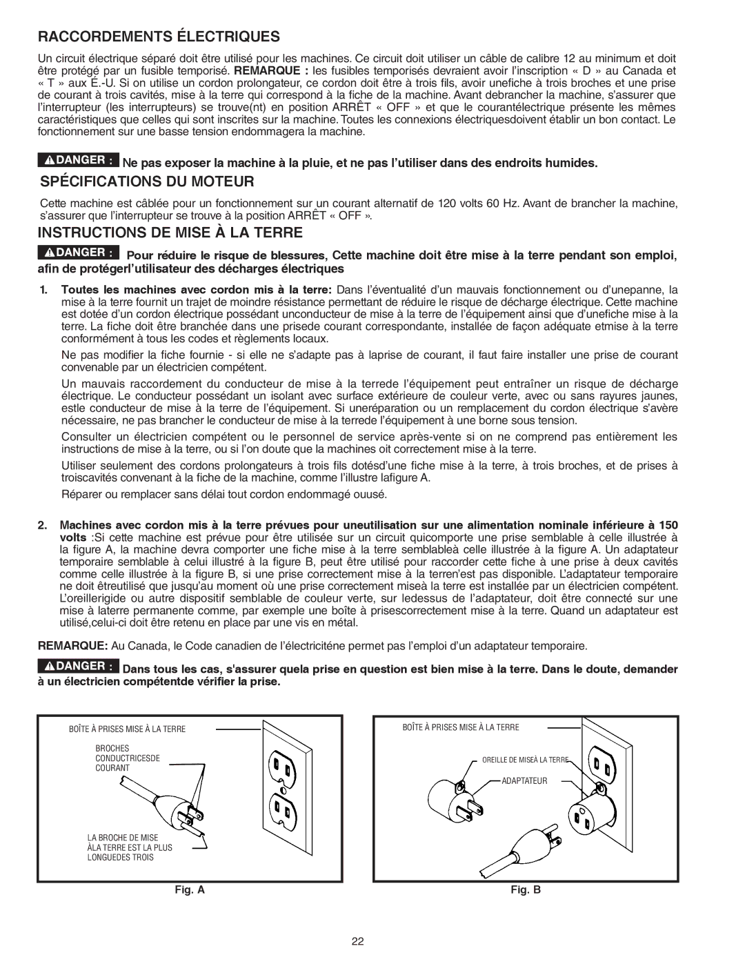 Delta 46-455, 46-460ST Raccordements Électriques, Spécifications DU Moteur, Instructions DE Mise À LA Terre 