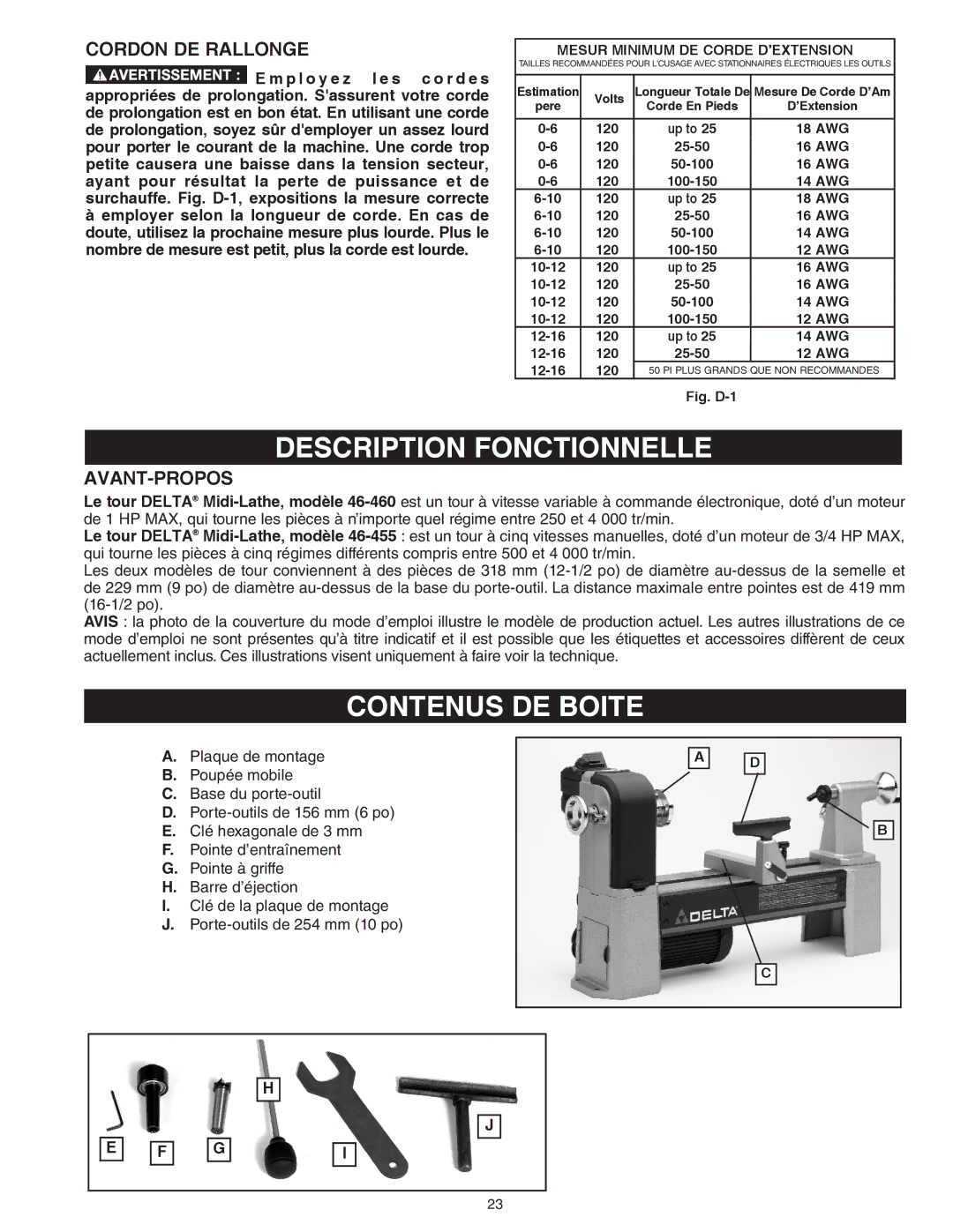 Delta 46-460ST, 46-455 instruction manual Description Fonctionnelle, Contenus DE Boite, Cordon DE Rallonge, Avant-Propos 