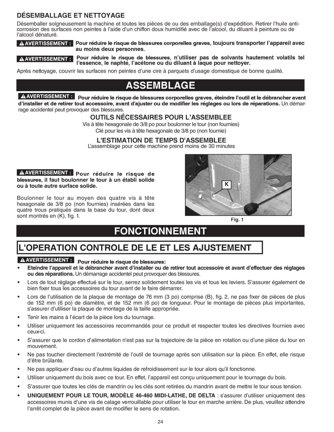 Delta 46-455, 46-460ST Assemblage, Fonctionnement, Désemballage ET Nettoyage, Outils Nécessaires Pour L’ASSEMBLEE 