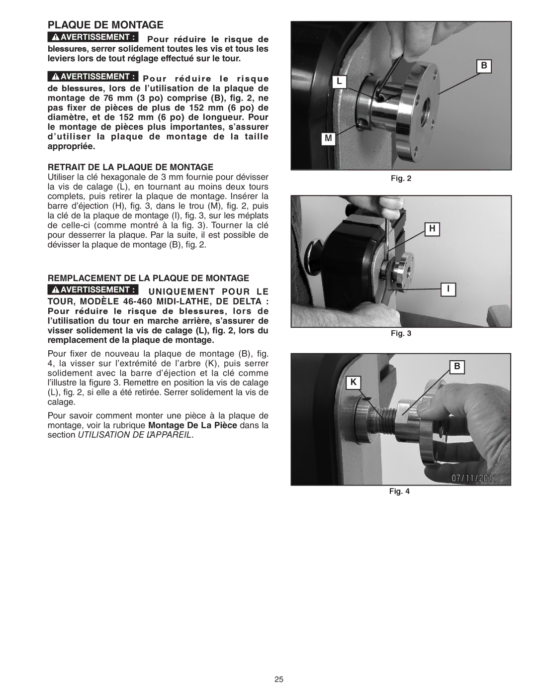 Delta 46-455, 46-460ST instruction manual Retrait DE LA Plaque DE Montage, Remplacement DE LA Plaque DE Montage 