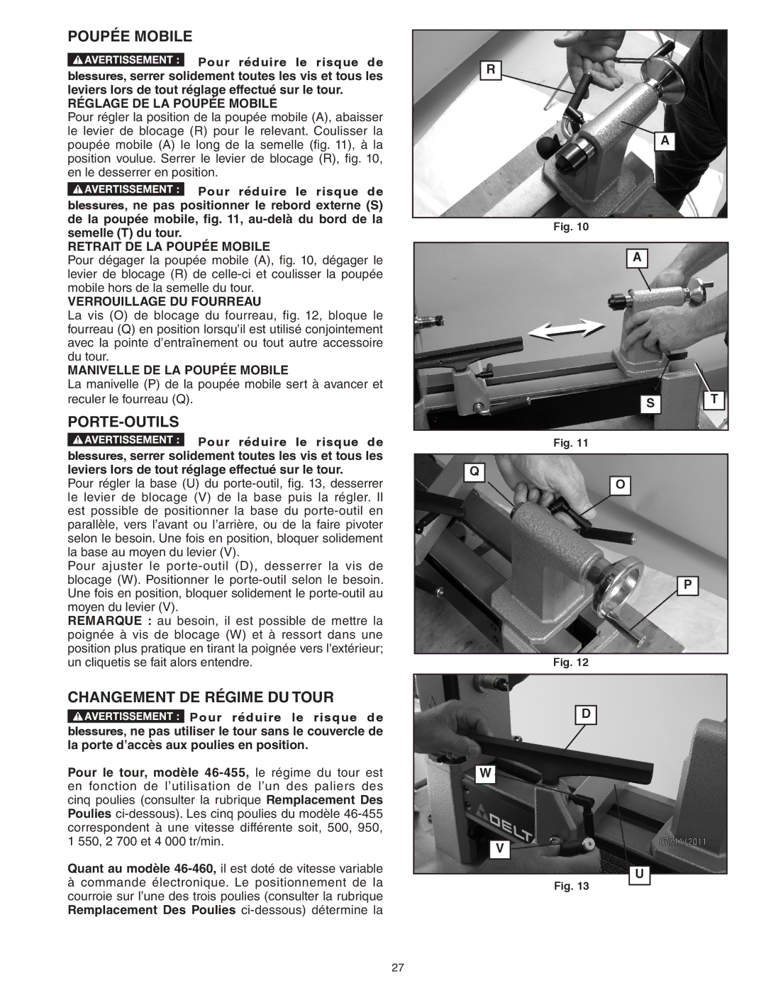 Delta 46-455, 46-460ST instruction manual Poupée Mobile, Porte-Outils, Changement DE Régime DU Tour 