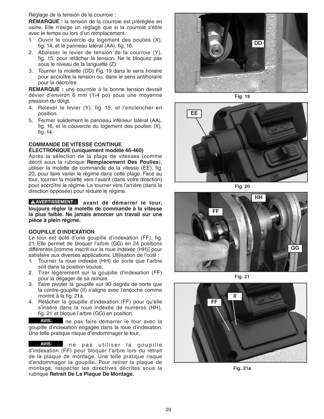 Delta 46-460ST, 46-455 instruction manual Commande DE Vitesse Continue Électronique uniquement modèle, Goupille D’INDEXATION 