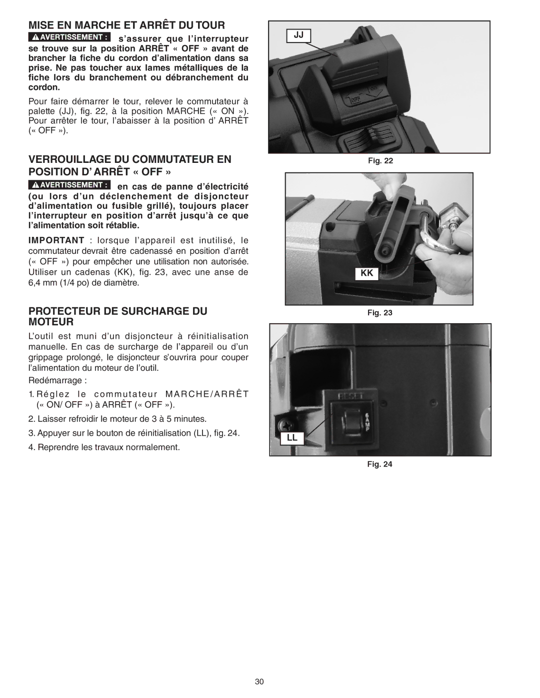 Delta 46-455, 46-460ST Mise EN Marche ET Arrêt DU Tour, Verrouillage DU Commutateur EN Position D’ Arrêt « OFF » 