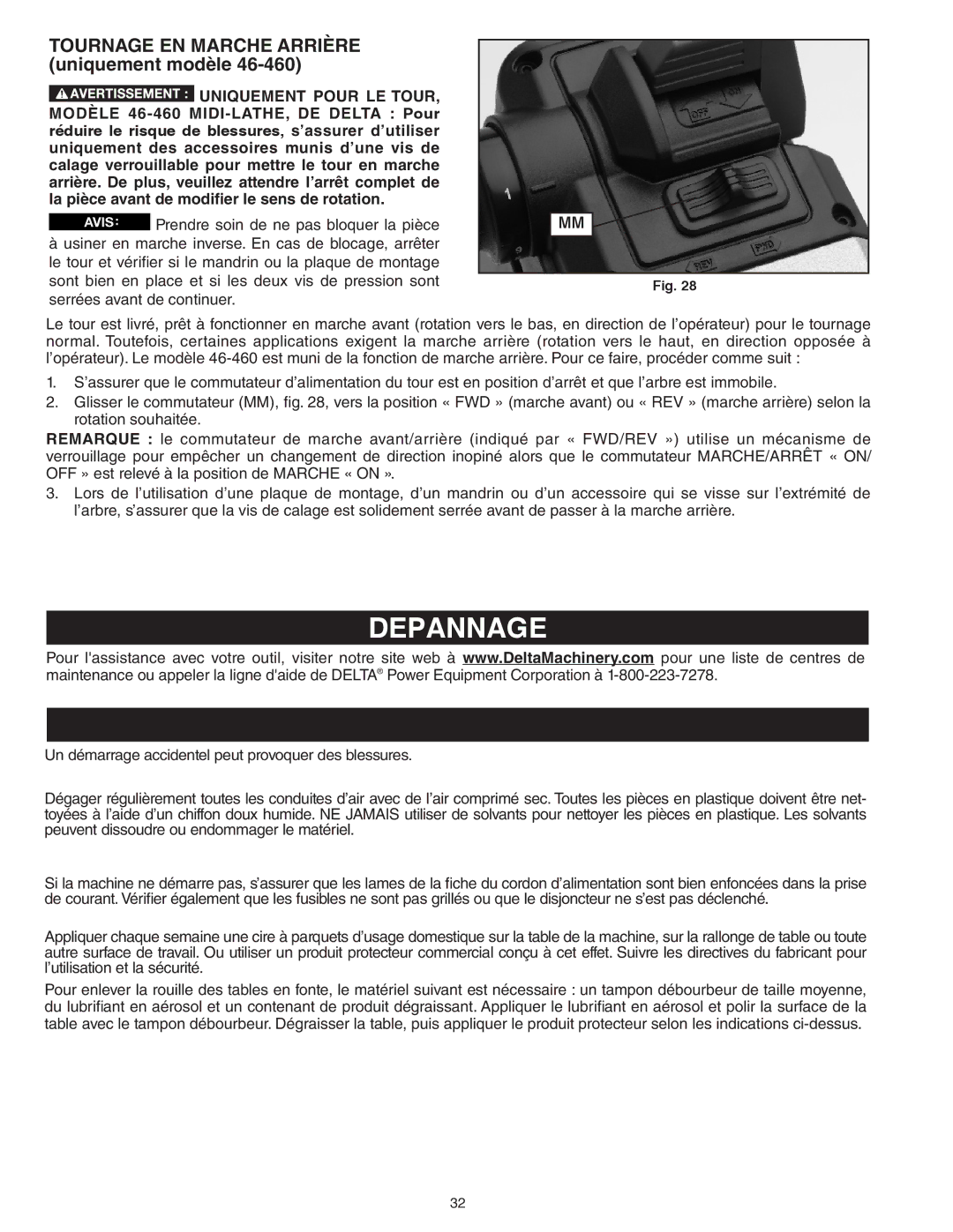 Delta 46-460ST, 46-455 instruction manual Depannage, Tournage EN Marche Arrière uniquement modèle 