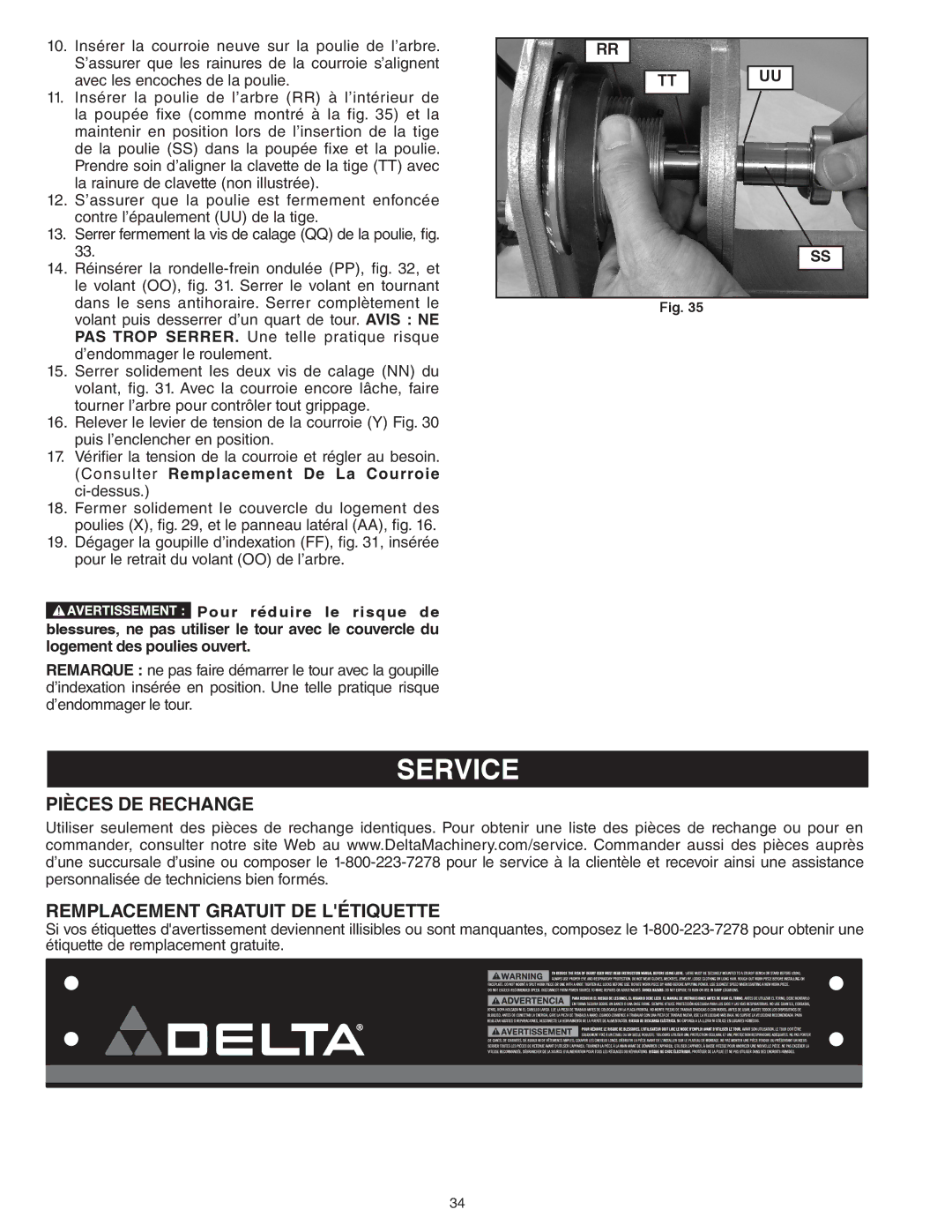 Delta 46-455, 46-460ST instruction manual Service, Pièces DE Rechange Remplacement Gratuit DE Létiquette 