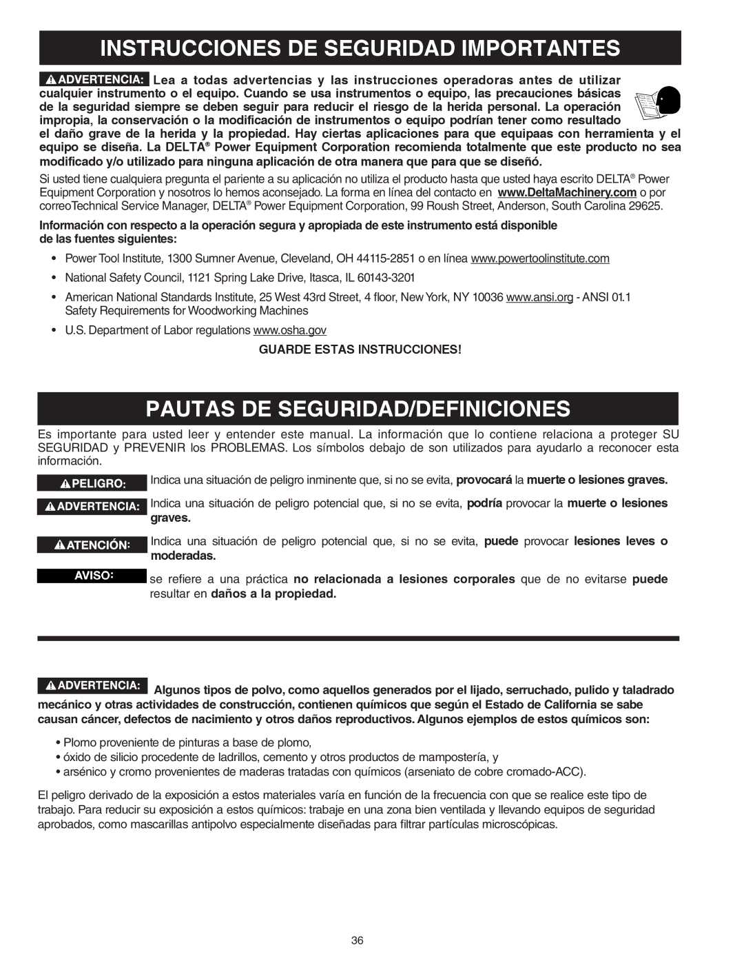 Delta 46-455, 46-460ST instruction manual Instrucciones DE Seguridad Importantes, Pautas DE SEGURIDAD/DEFINICIONES 