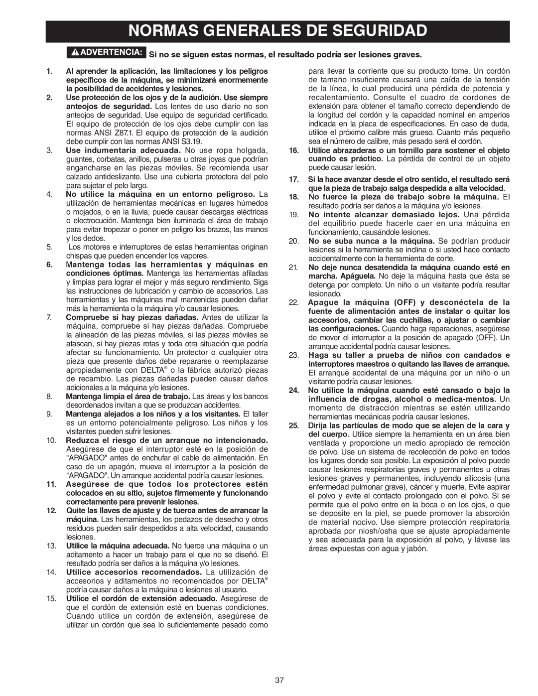 Delta 46-455, 46-460ST instruction manual Normas Generales DE Seguridad 