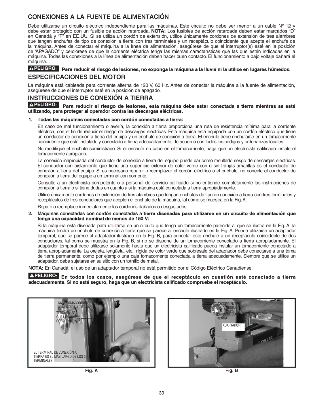 Delta 46-460 Conexiones a LA Fuente DE Alimentación, Especificaciones Del Motor, Instrucciones DE Conexión a Tierra 