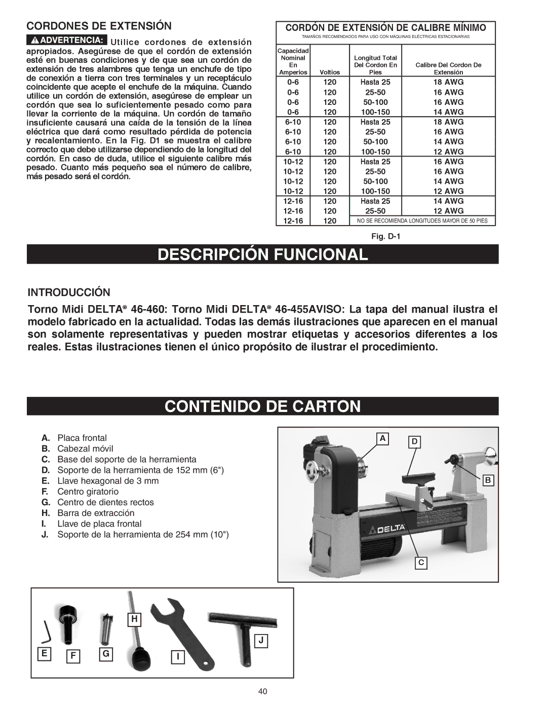 Delta 46-455, 46-460ST instruction manual Descripción Funcional, Contenido DE Carton, Cordones DE Extensión, Introducción 