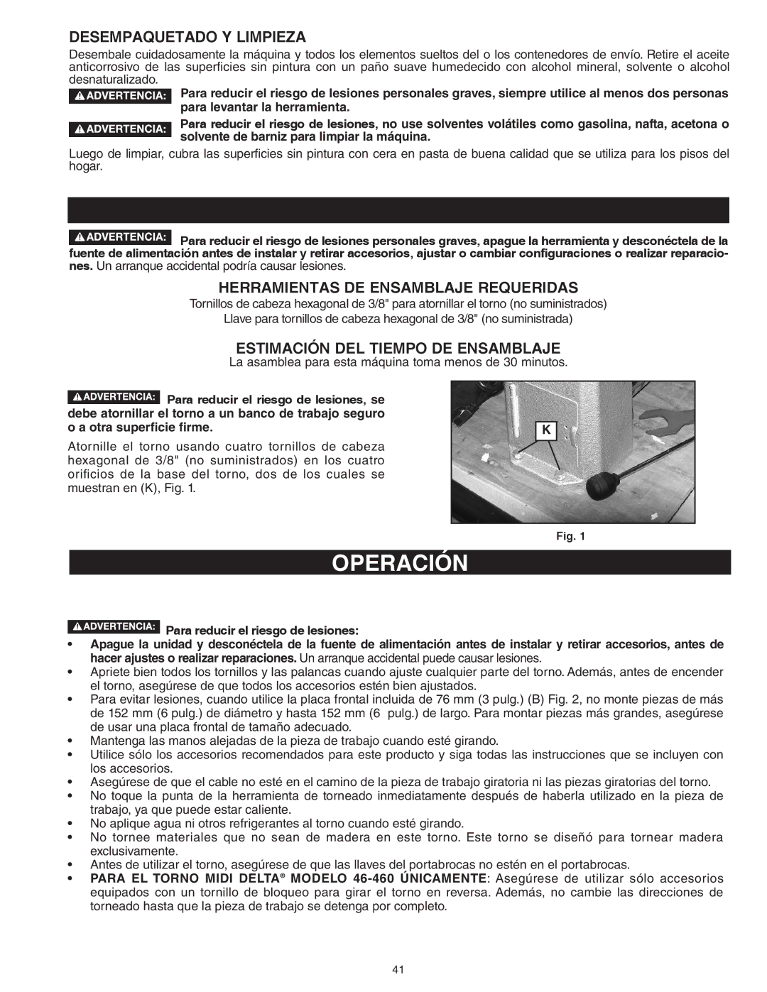 Delta 46-460ST, 46-455 instruction manual Operación, Desempaquetado Y Limpieza, Herramientas DE Ensamblaje Requeridas 