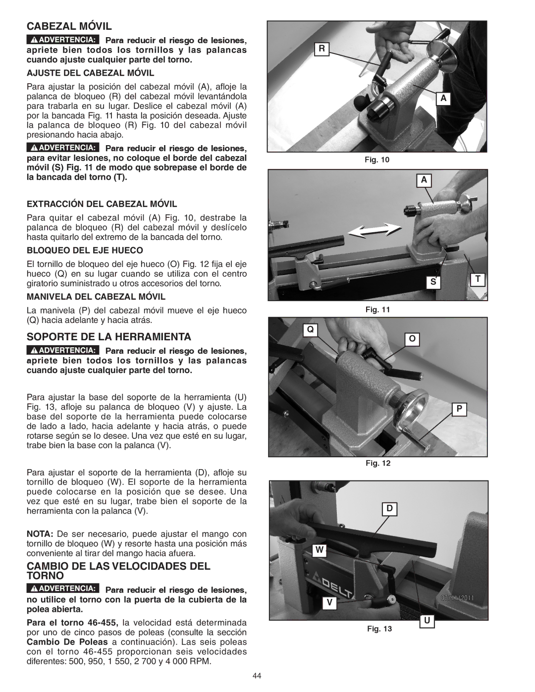 Delta 46-460ST, 46-455 instruction manual Cabezal Móvil, Soporte DE LA Herramienta, Cambio DE LAS Velocidades DEL Torno 