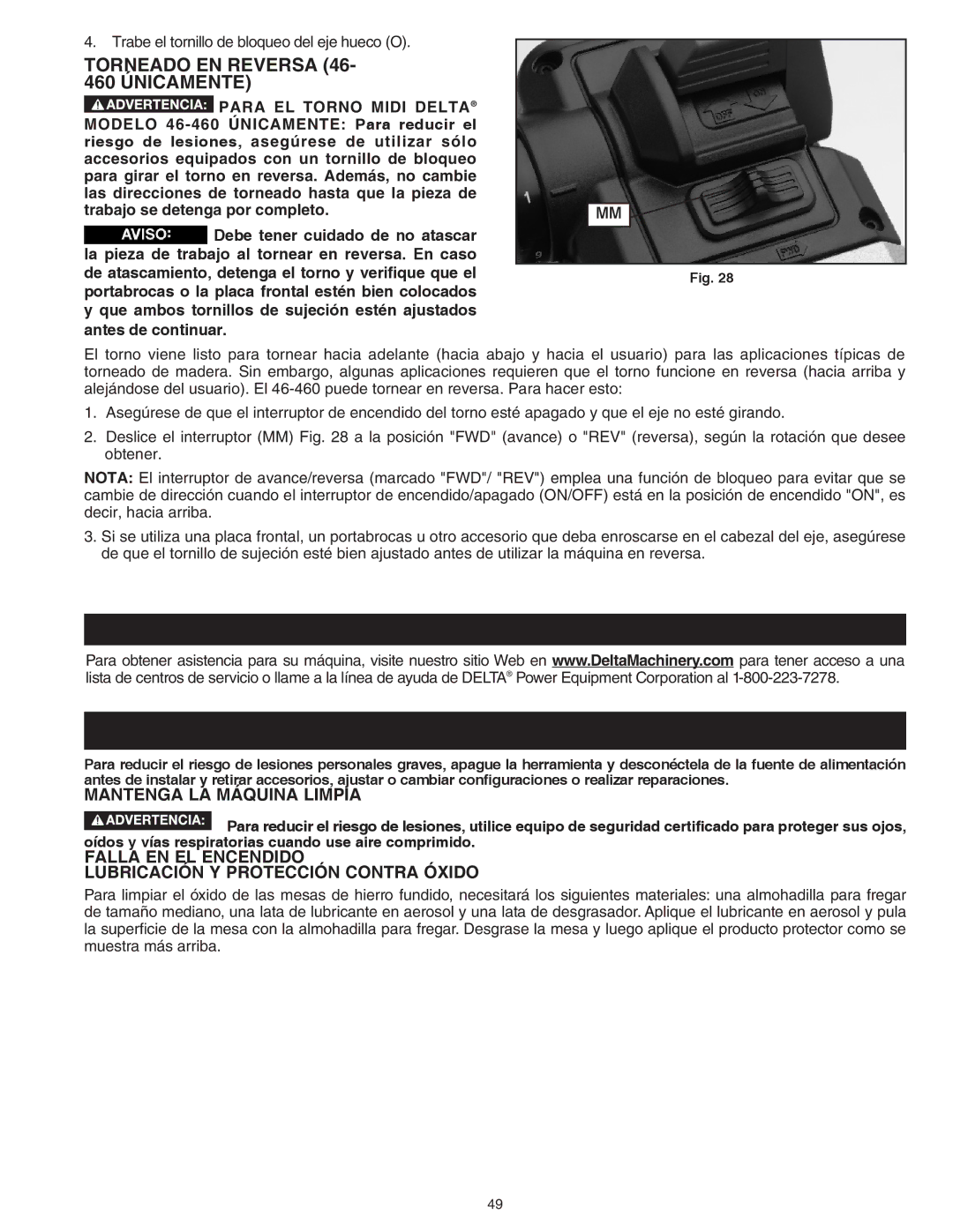 Delta 46-455, 46-460ST instruction manual Torneado EN Reversa 46- 460 Únicamente, Mantenga LA Máquina Limpia 