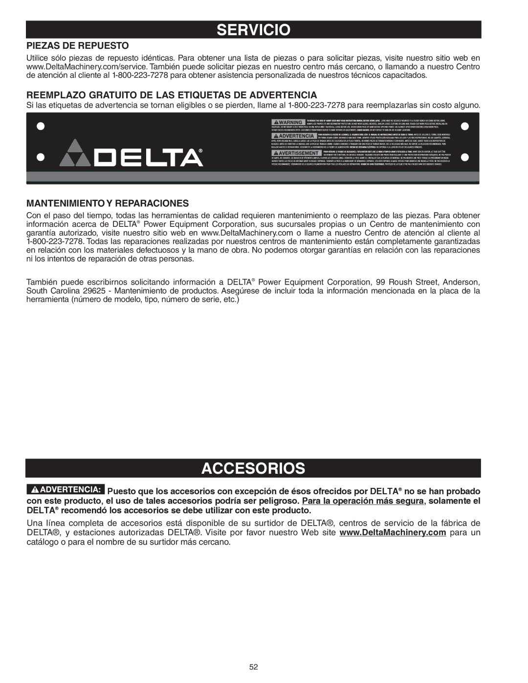 Delta 46-455, 46-460ST instruction manual Servicio, Accesorios 