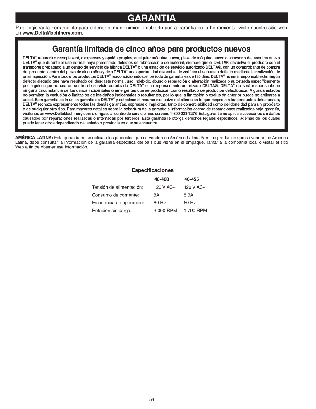 Delta 46-455, 46-460ST instruction manual Garantia, Garantía limitada de cinco años para productos nuevos 