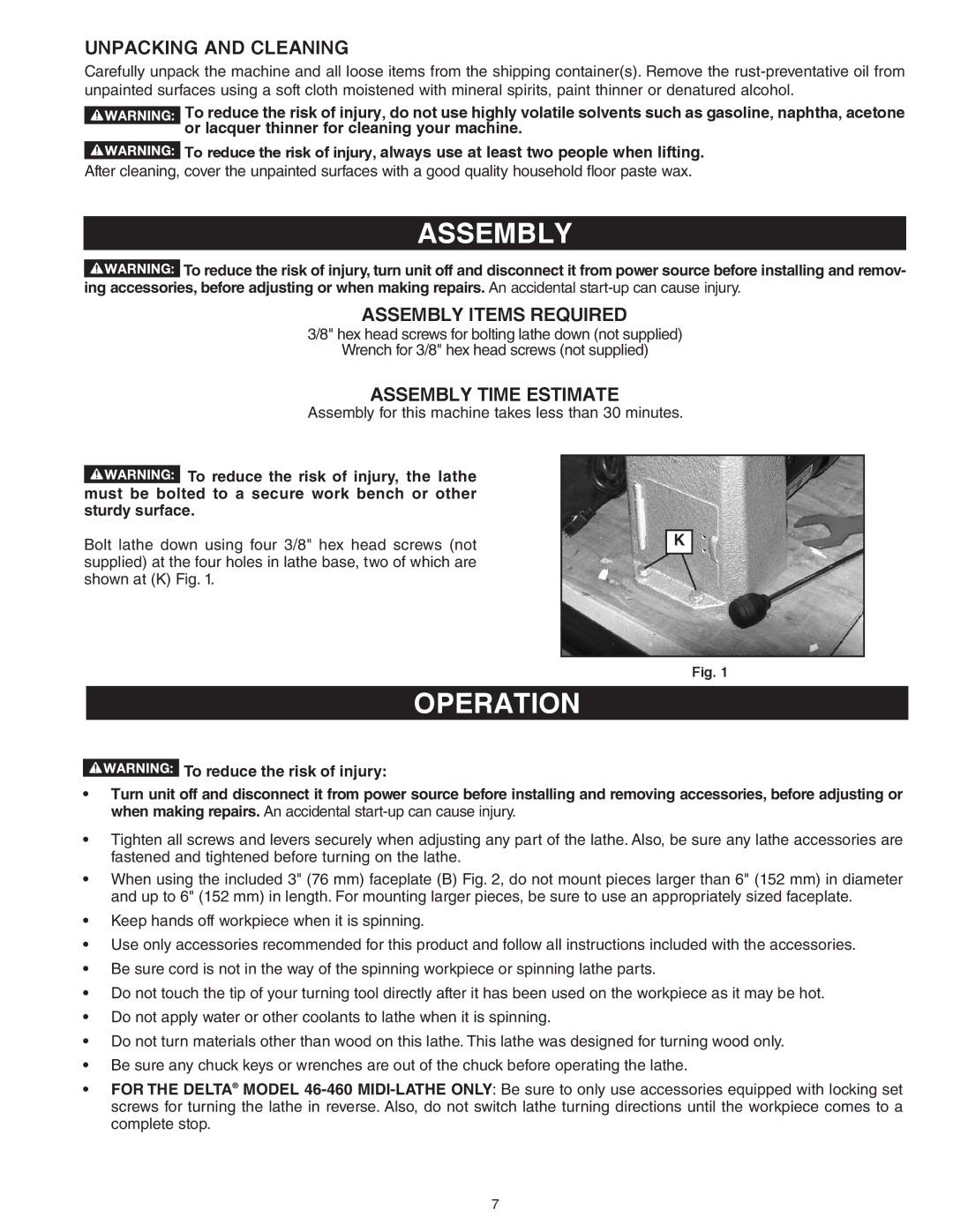 Delta 46-455, 46-460ST Operation, Unpacking and Cleaning, Assembly Items Required, Assembly Time Estimate 