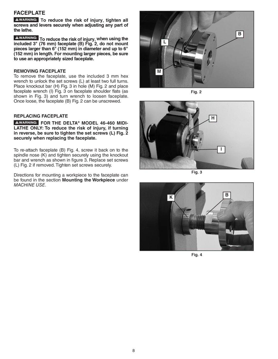 Delta 46-460ST, 46-455 instruction manual Removing Faceplate, Replacing Faceplate 