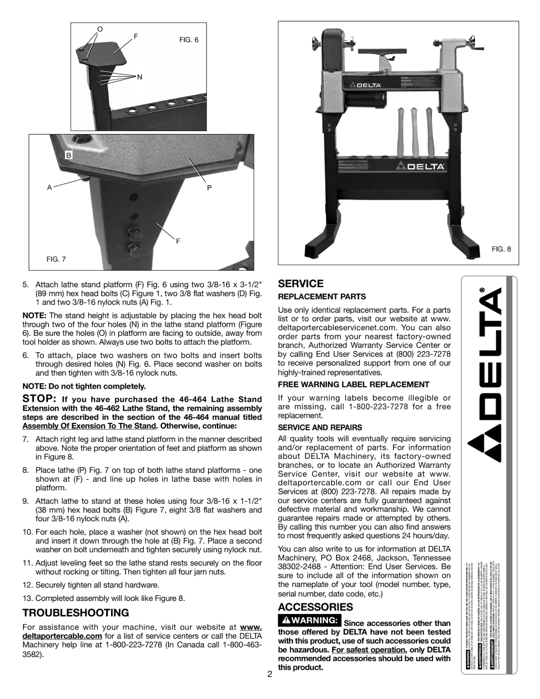 Delta 46-462 instruction manual Troubleshooting, Accessories, Replacement Parts, Service and Repairs 