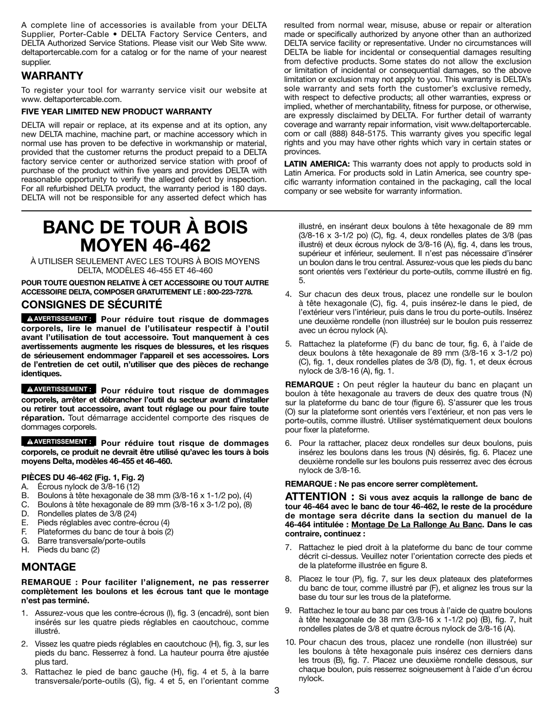 Delta 46-462 instruction manual Banc DE Tour À Bois, Warranty, Consignes DE Sécurité, Montage 