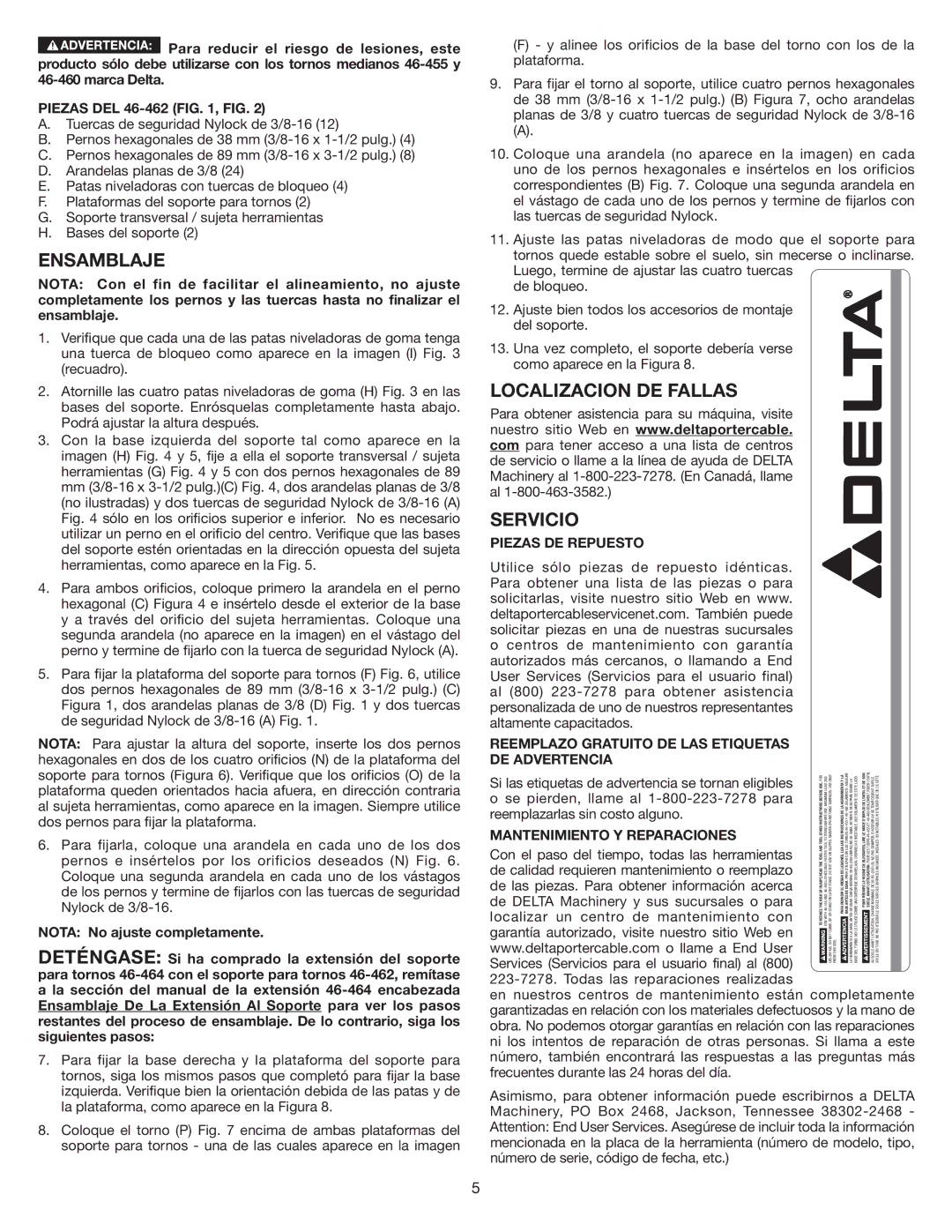 Delta 46-462 instruction manual Ensamblaje, Localizacion DE Fallas Servicio, Mantenimiento Y Reparaciones, Side.Thisfrom 