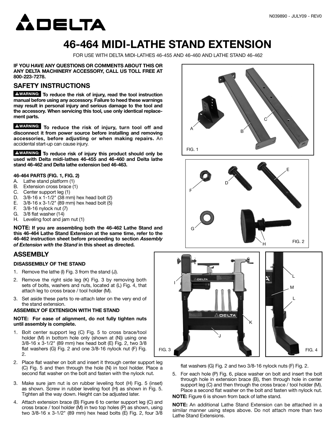 Delta 46-464 instruction manual MIDI-LATHE Stand Extension, Safety Instructions, Assembly, Disassembly of the Stand 