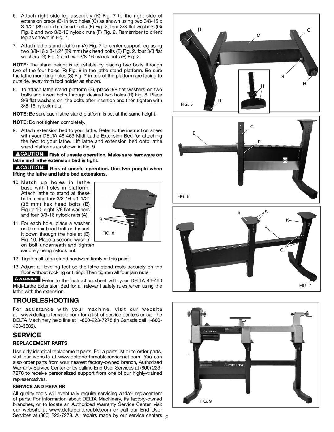 Delta 46-464 instruction manual Troubleshooting, Replacement Parts, Service and Repairs 