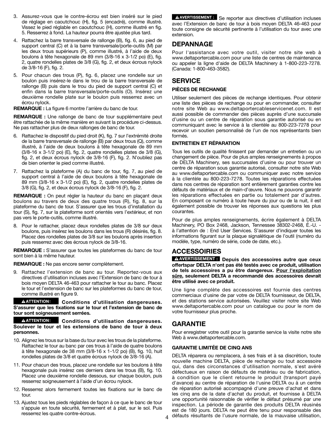 Delta 46-464 instruction manual Depannage Service, Accessoiries, Garantie, Pièces DE Rechange Entretien ET Réparation 