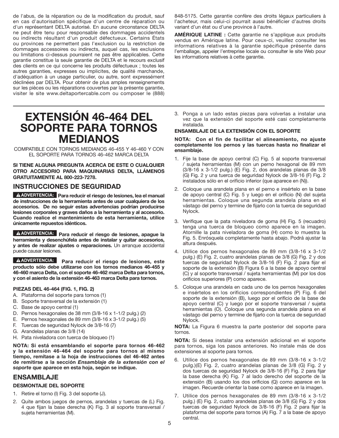 Delta Extensión 46-464 DEL Soporte Para Tornos Medianos, Instrucciones de seguridad, Ensamblaje, Desmontaje DEL Soporte 