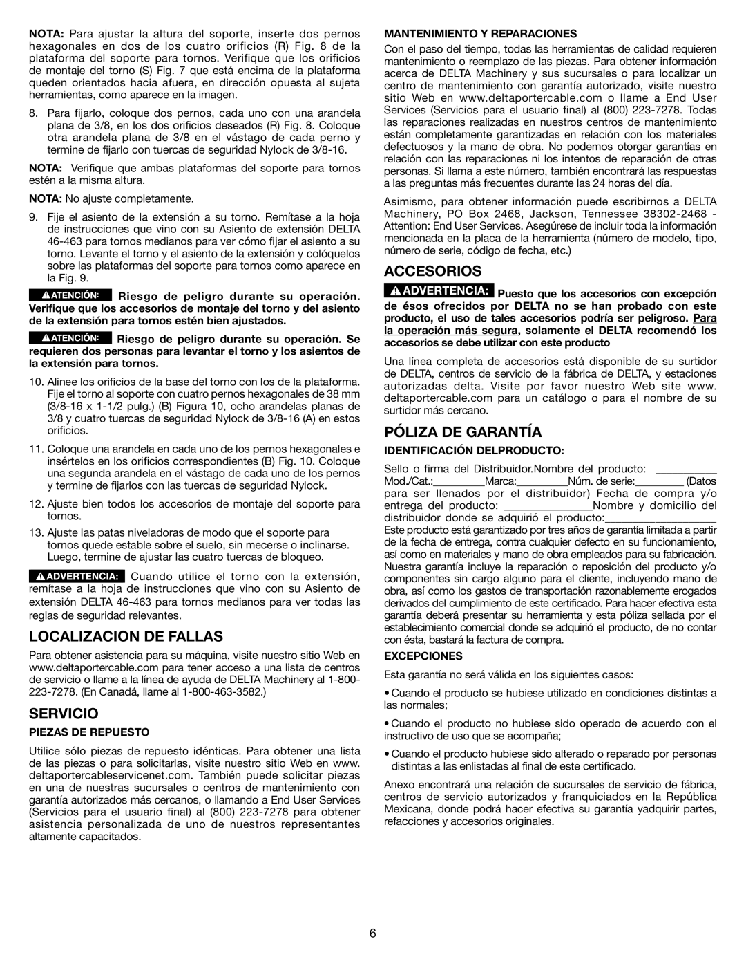 Delta 46-464 instruction manual Localizacion DE Fallas Servicio, Accesorios, Póliza de Garantía 