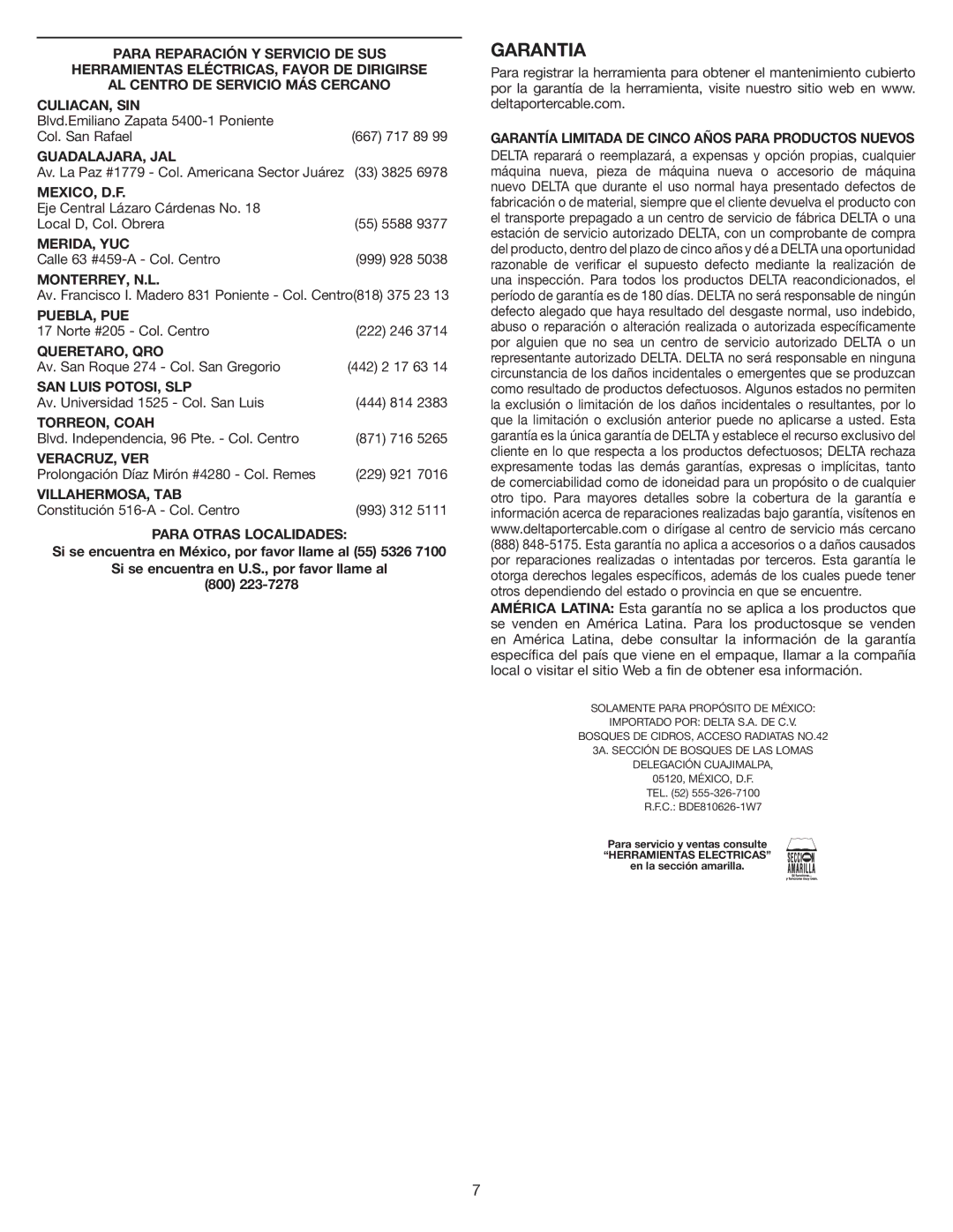 Delta 46-464 instruction manual Garantia 