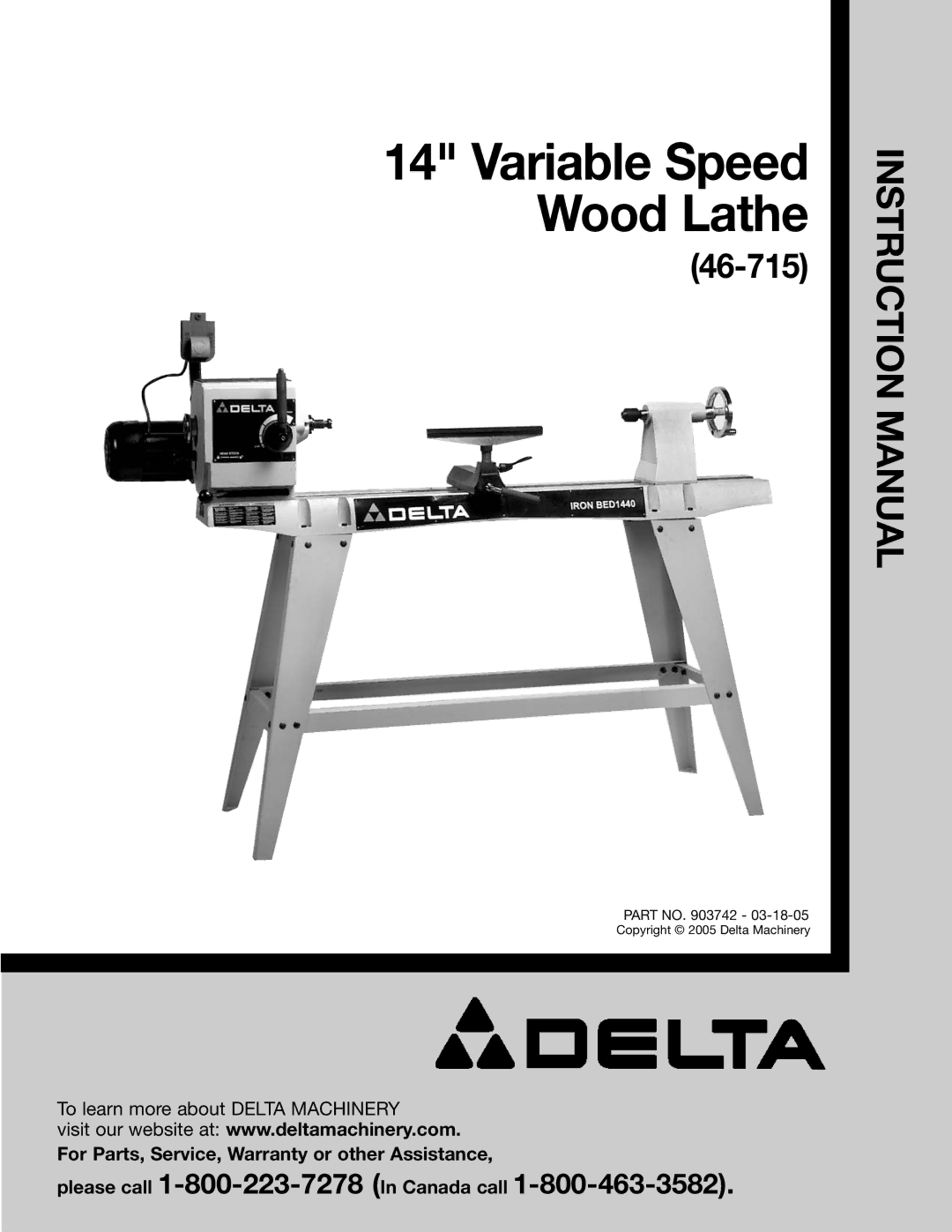 Delta 46-715 instruction manual Variable Speed Wood Lathe 