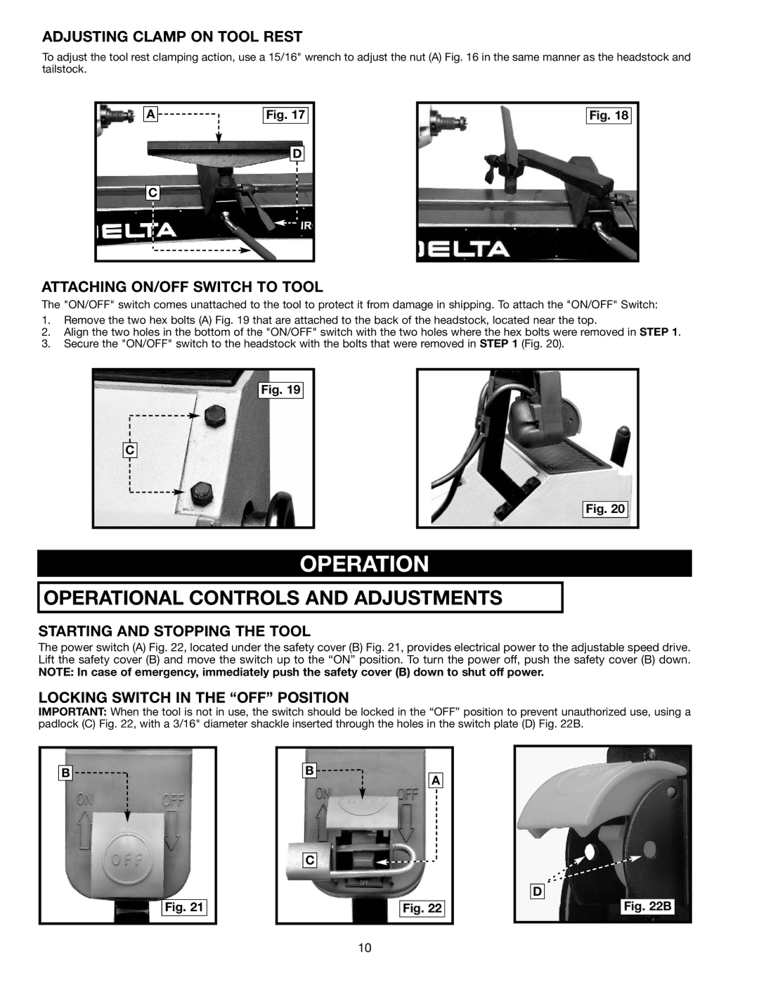 Delta 46-715 Operation, Adjusting Clamp on Tool Rest, Attaching ON/OFF Switch to Tool, Starting and Stopping the Tool 