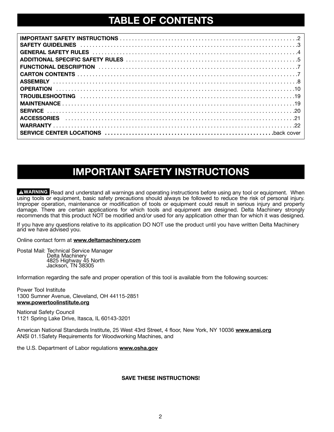 Delta 46-715 instruction manual Table of Contents, Important Safety Instructions 