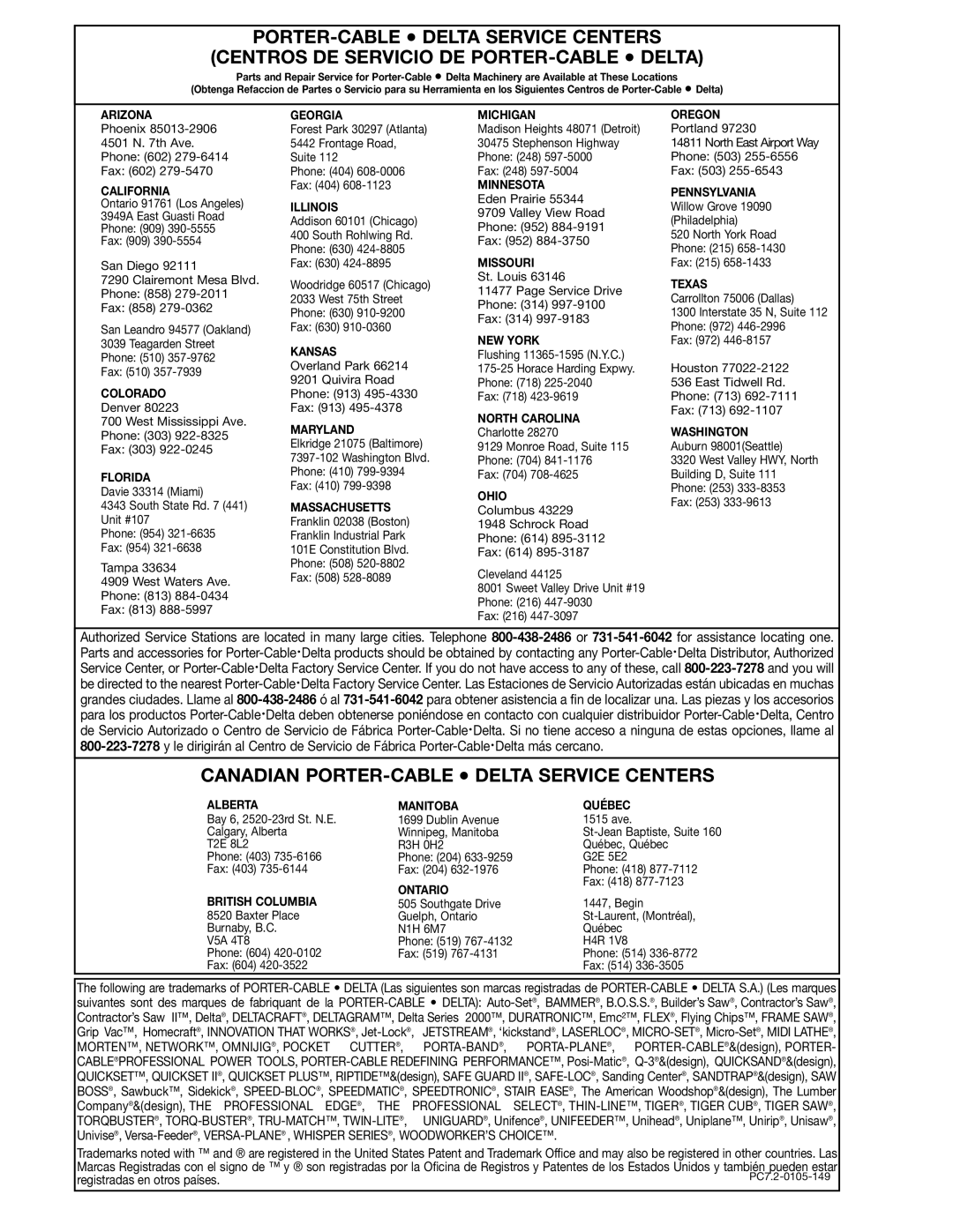 Delta 46-715 instruction manual Canadian PORTER-CABLE Delta Service Centers, Arizona Georgia Michigan Oregon 