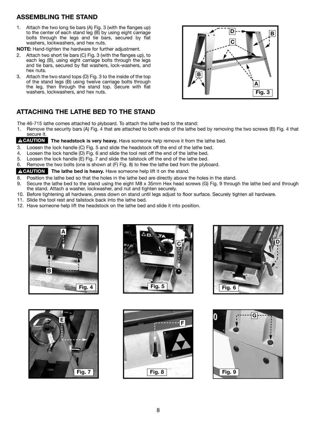 Delta 46-715 instruction manual Assembling the Stand, Attaching the Lathe BED to the Stand 