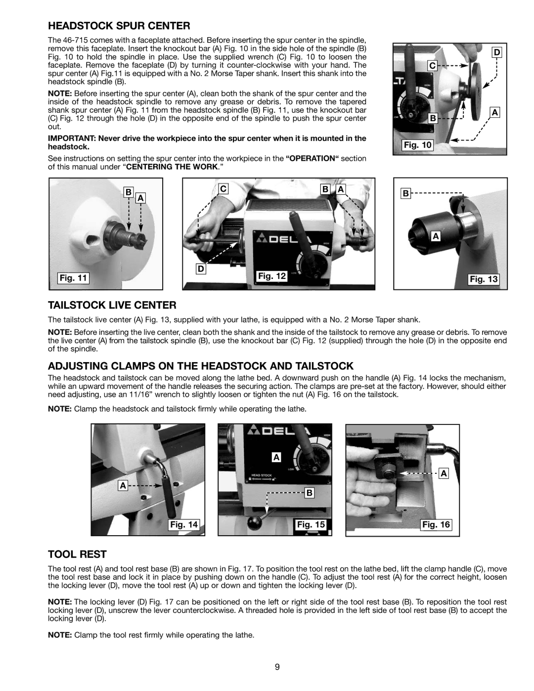 Delta 46-715 Headstock Spur Center, Tailstock Live Center, Adjusting Clamps on the Headstock and Tailstock, Tool Rest 