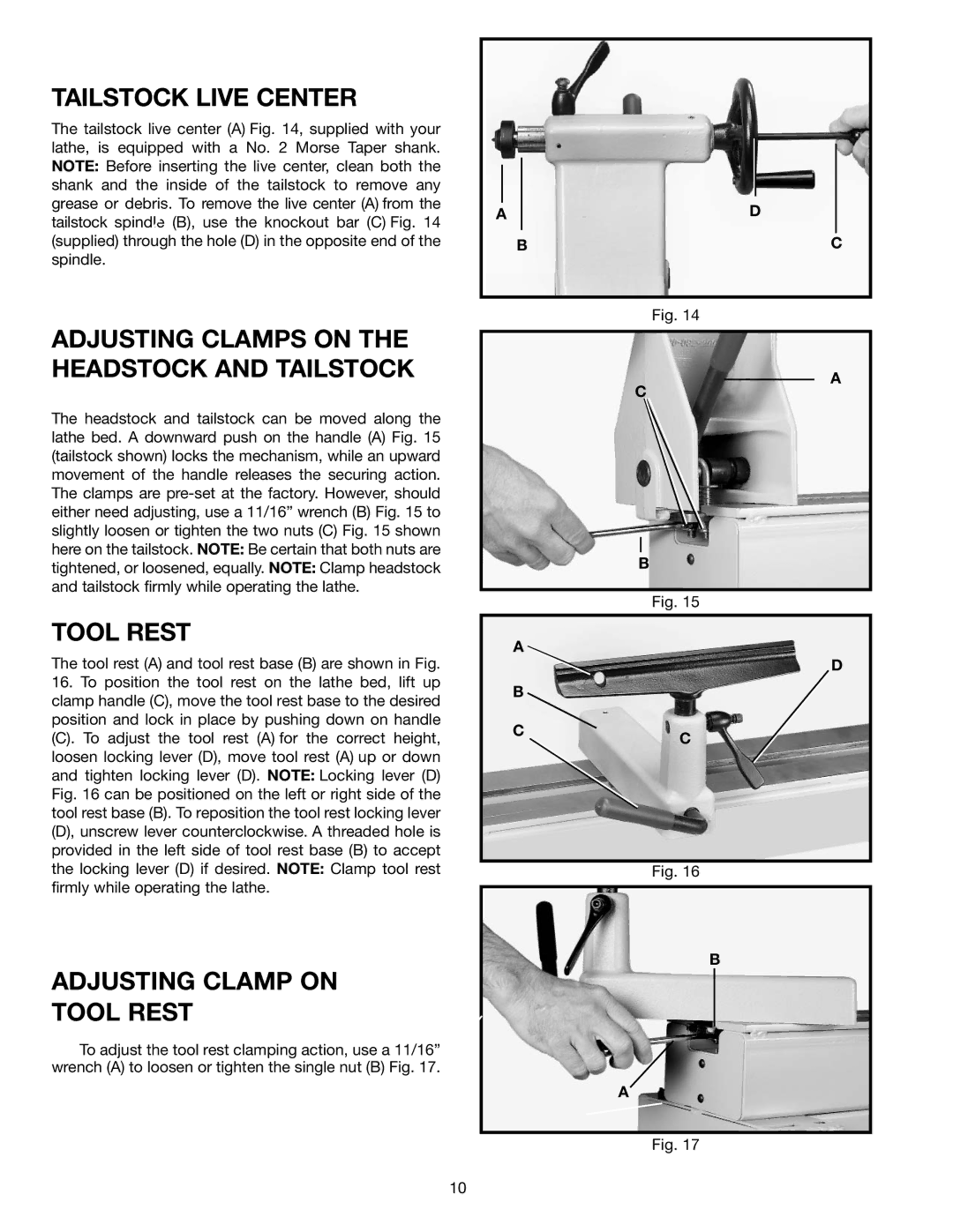 Delta 46-765X, 46-745, 46-746 Tailstock Live Center, Adjusting Clamps on the Headstock and Tailstock, Tool Rest 