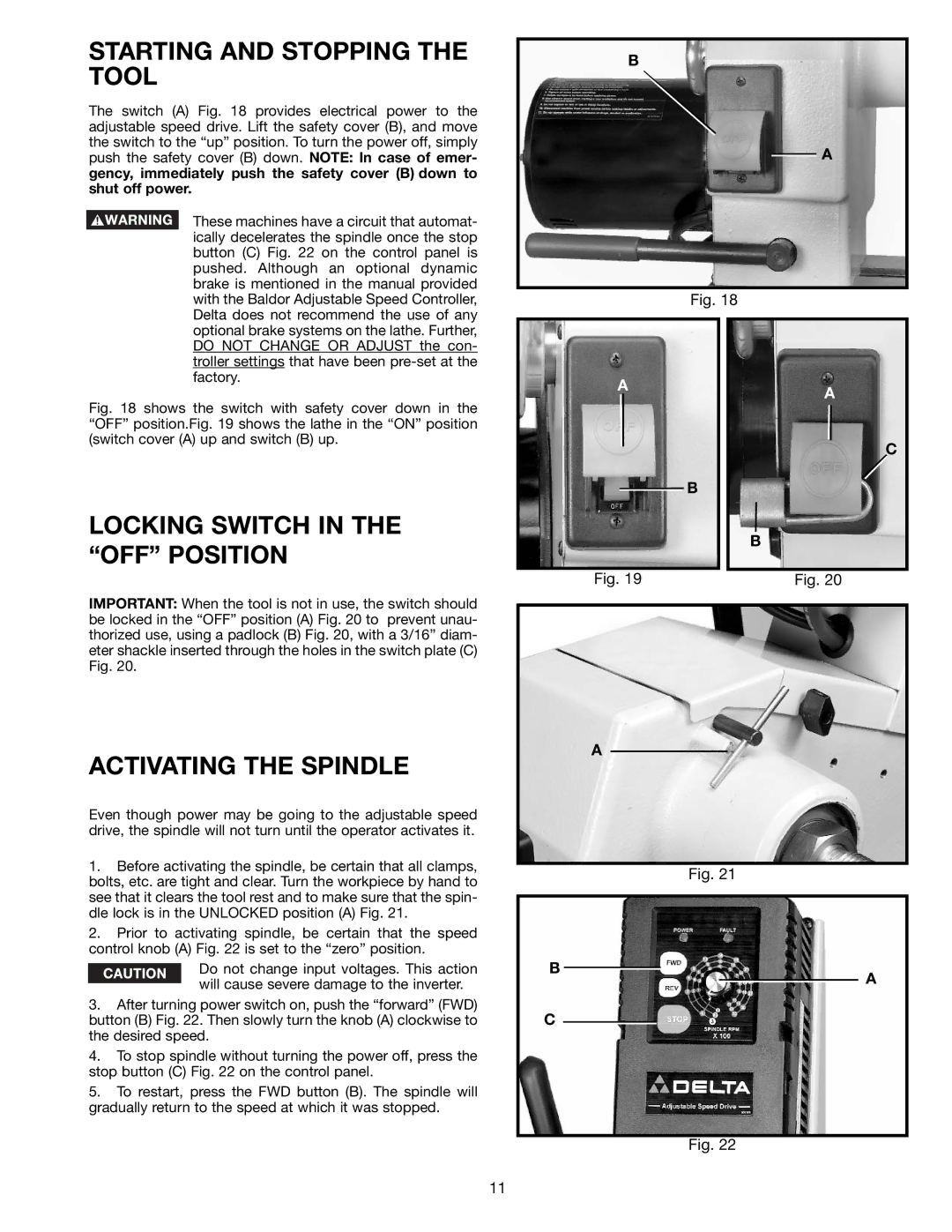 Delta 46-746, 46-745, 46-765X Starting and Stopping the Tool, Locking Switch in the OFF Position, Activating the Spindle 