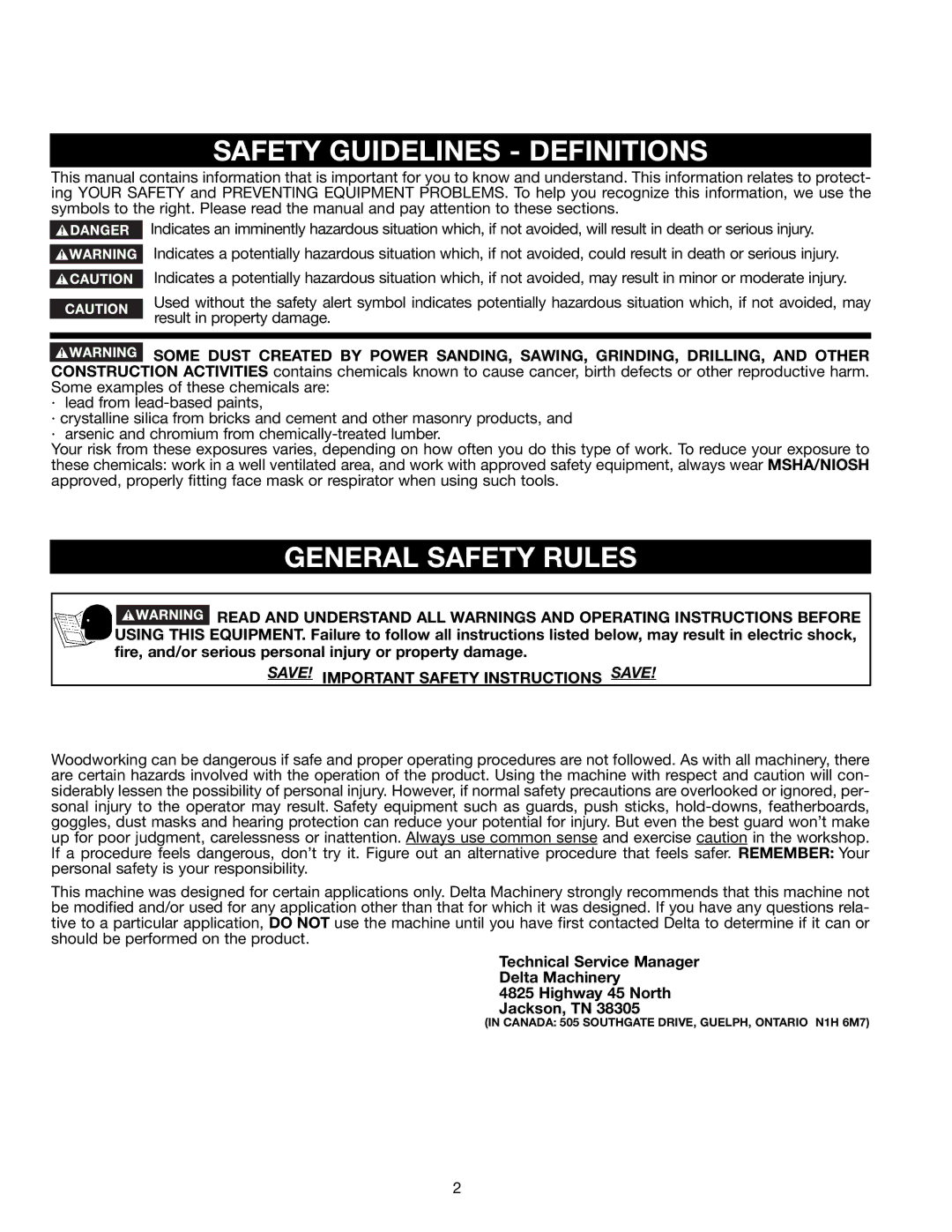 Delta 46-746, 46-745, 46-765X instruction manual Safety Guidelines Definitions, General Safety Rules 