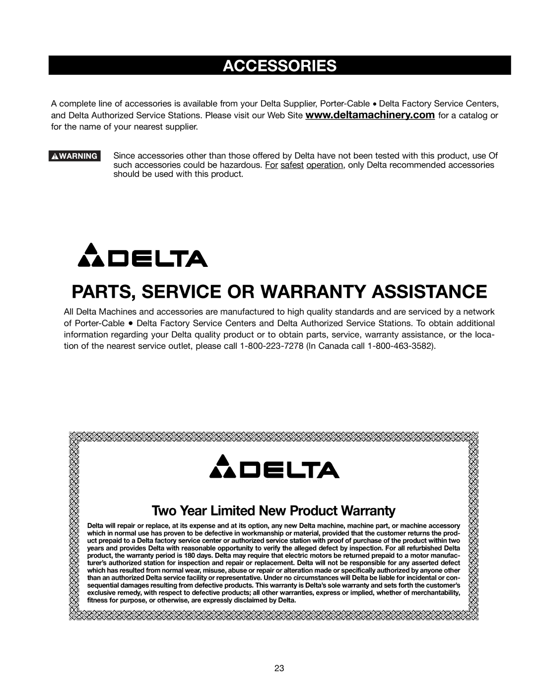 Delta 46-746, 46-745, 46-765X instruction manual PARTS, Service or Warranty Assistance, Accessories 