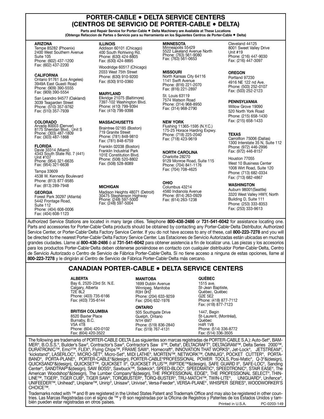 Delta 46-745, 46-765X, 46-746 instruction manual Canadian PORTER-CABLE Delta Service Centers 