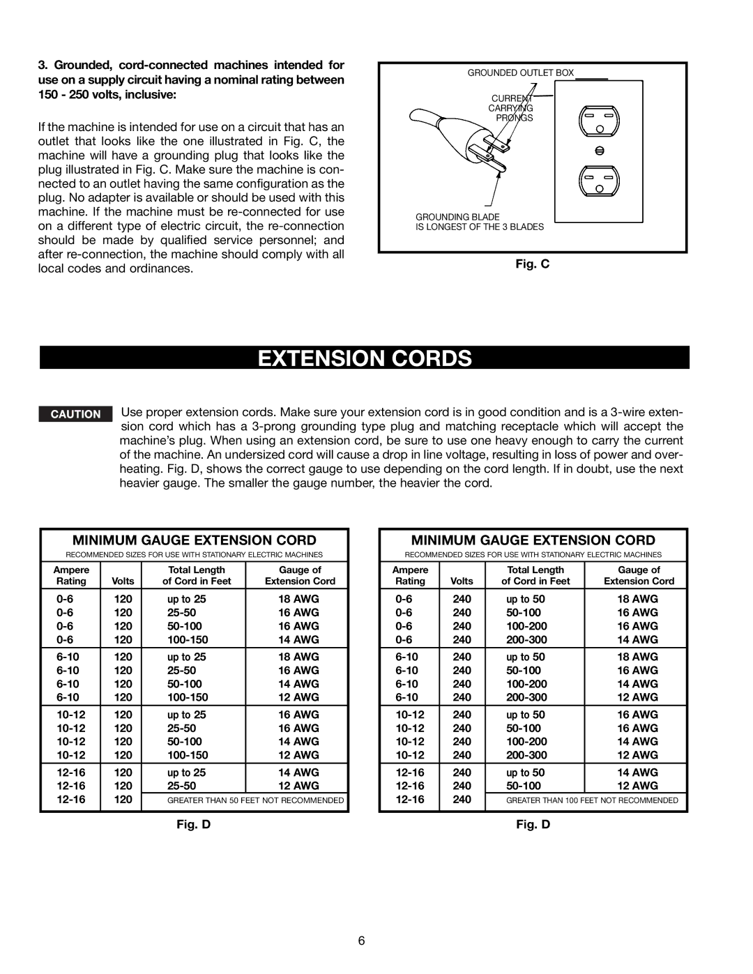 Delta 46-745, 46-765X, 46-746 instruction manual Extension Cords, 150 250 volts, inclusive 