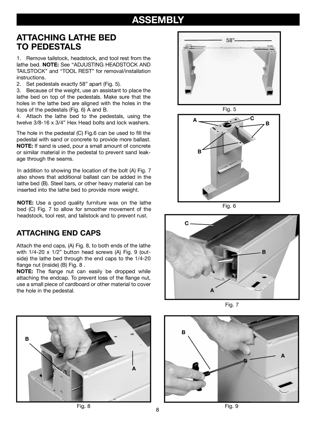 Delta 46-746, 46-745, 46-765X instruction manual Assembly, Attaching Lathe BED To Pedestals 