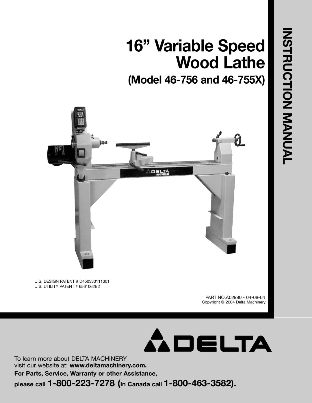 Delta 46-755X, 46-756 instruction manual Variable Speed Wood Lathe 