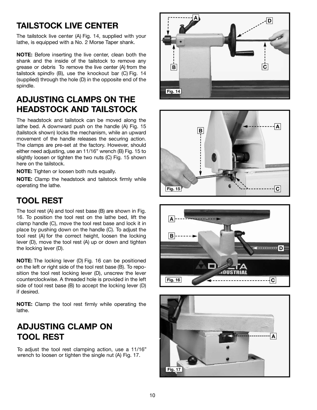 Delta 46-756, 46-755X instruction manual Tailstock Live Center, Adjusting Clamps on the Headstock and Tailstock, Tool Rest 