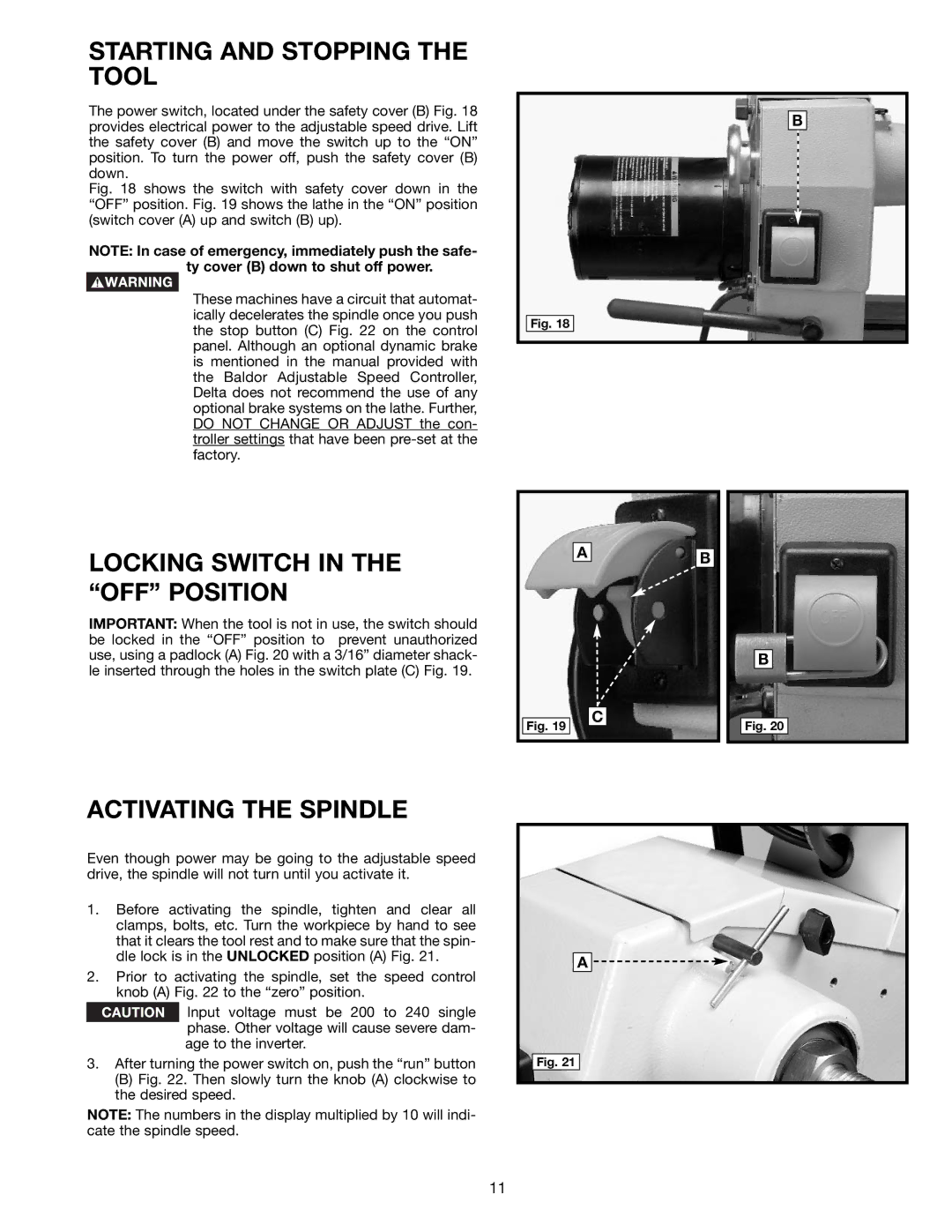 Delta 46-755X, 46-756 Starting and Stopping the Tool, Locking Switch in the OFF Position, Activating the Spindle 