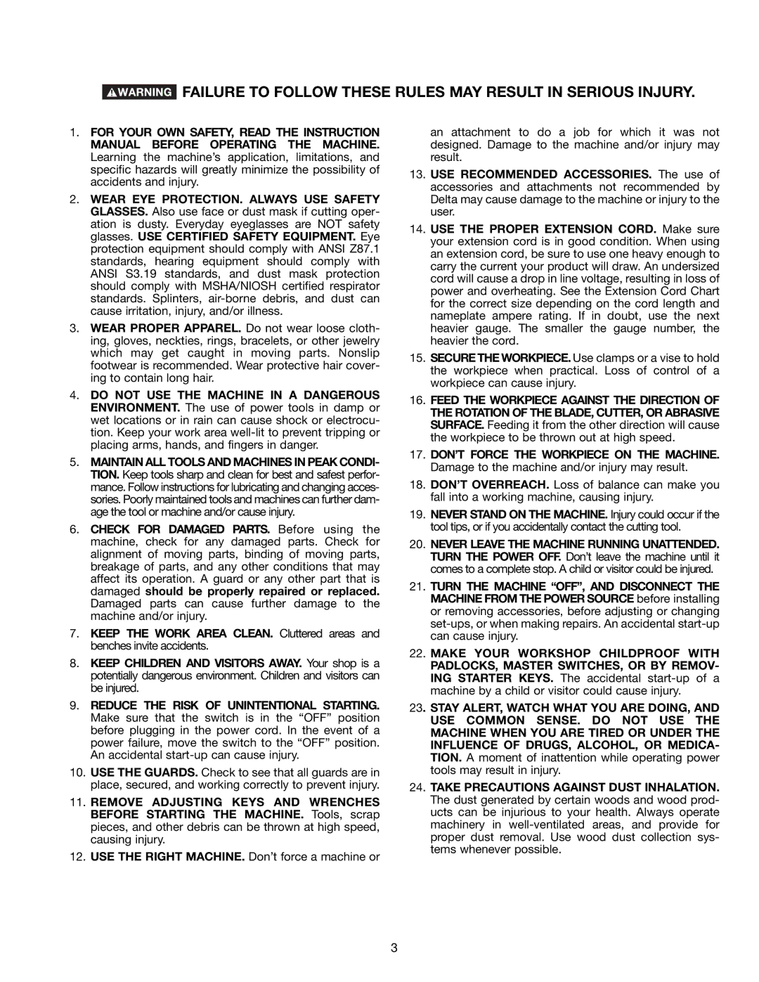 Delta 46-755X, 46-756 instruction manual Failure to Follow These Rules MAY Result in Serious Injury 