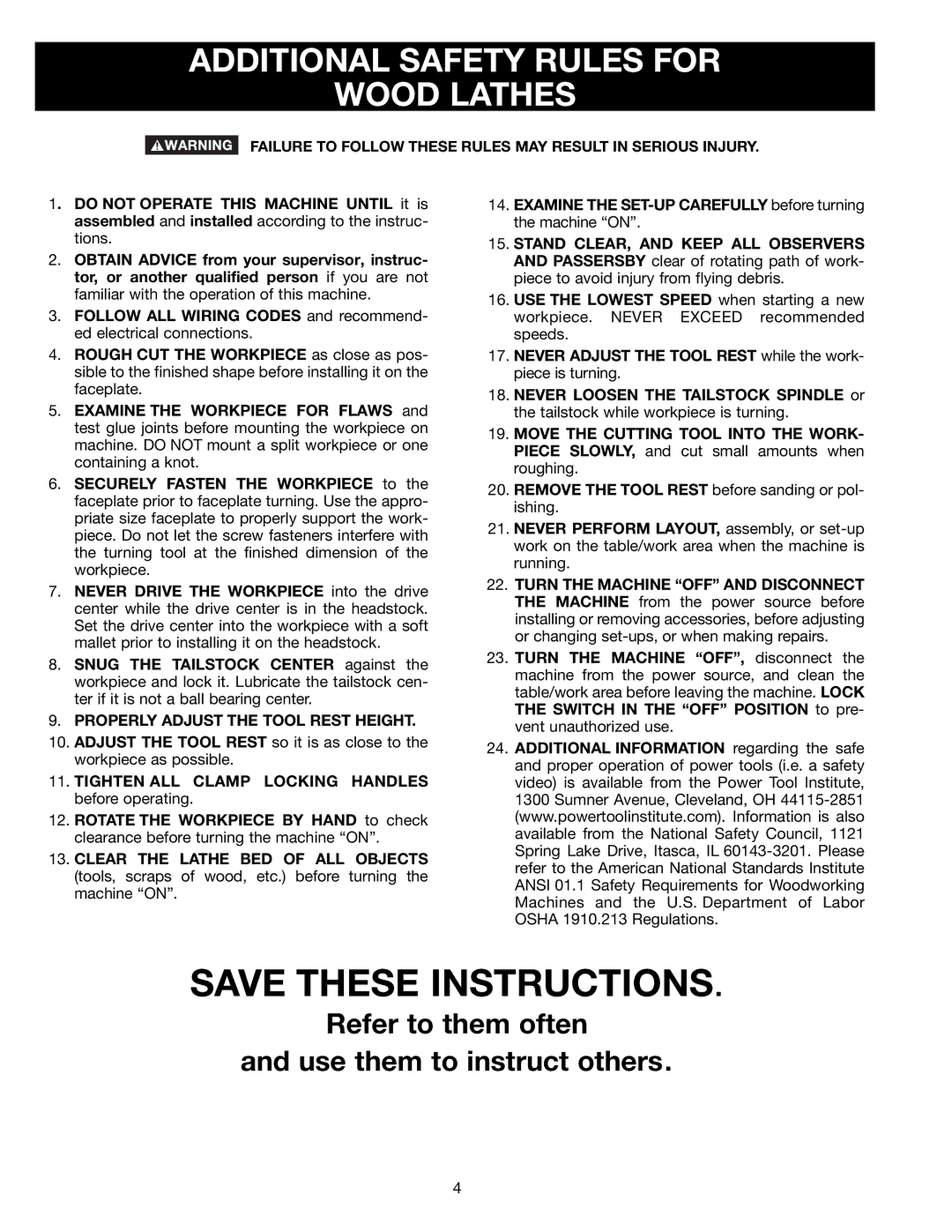 Delta 46-756, 46-755X instruction manual Additional Safety Rules for Wood Lathes 