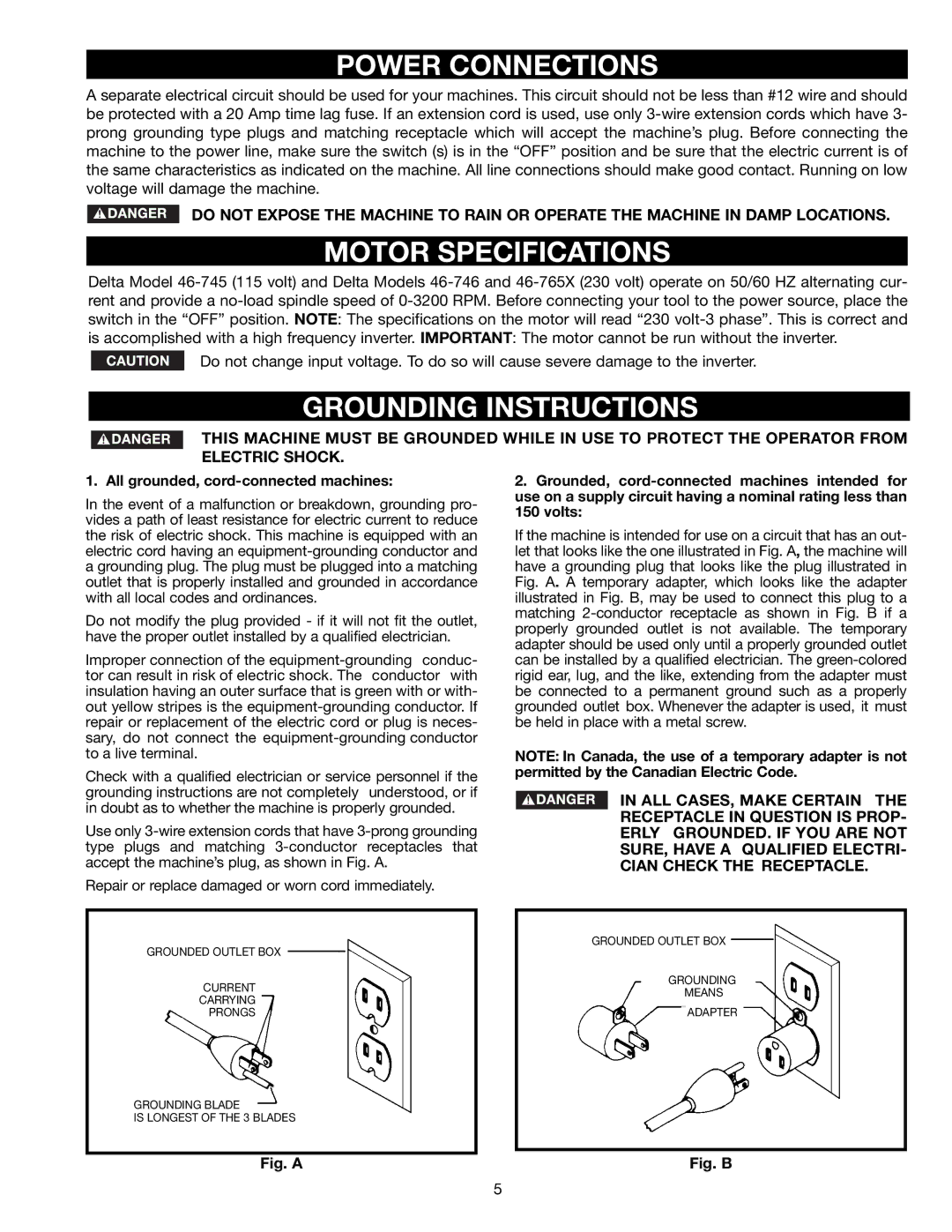 Delta 46-755X, 46-756 instruction manual Power Connections, Motor Specifications, Grounding Instructions 