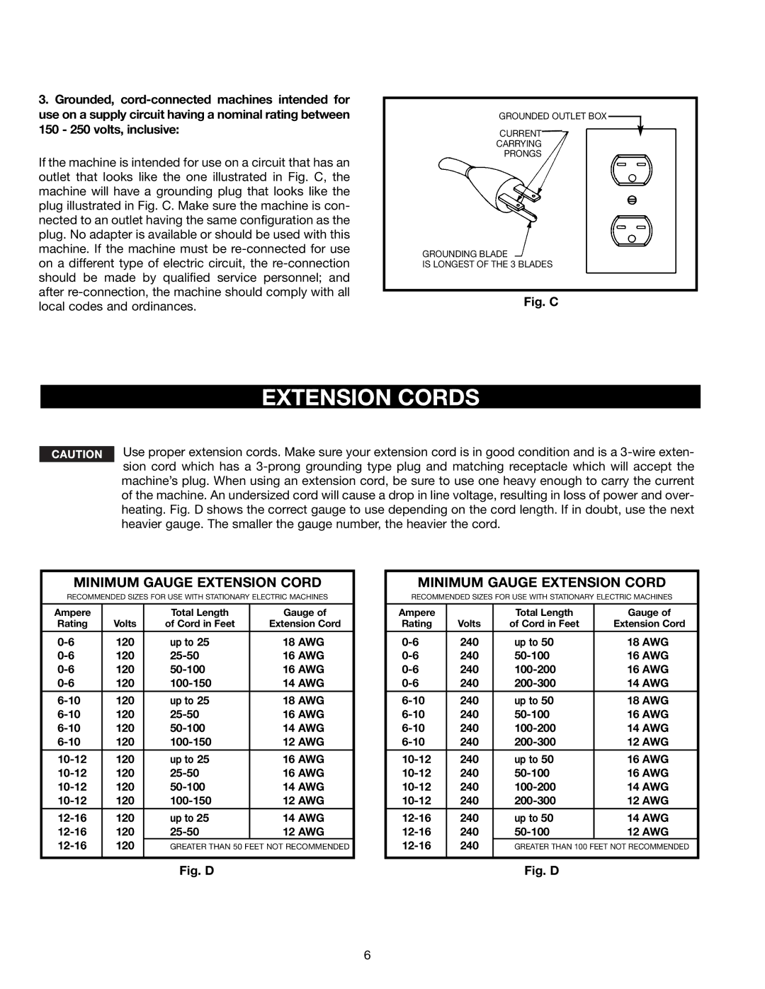 Delta 46-756, 46-755X instruction manual Extension Cords, 150 250 volts, inclusive 