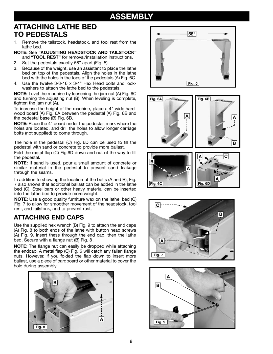 Delta 46-756, 46-755X instruction manual Assembly, Attaching Lathe BED To Pedestals 